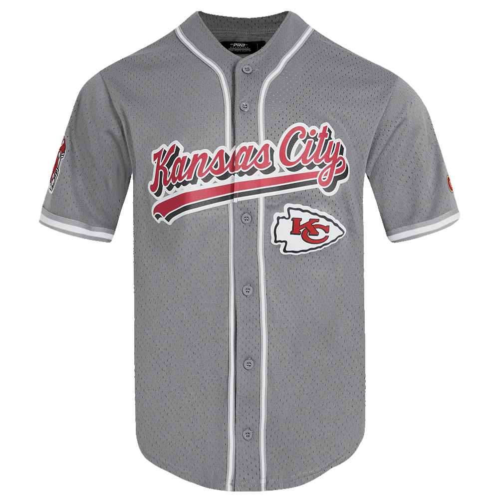 NFL KANSAS CITY CHIEFS SCRIPT TAIL MEN'S MESH BUTTON DOWN SHIRT (GRAY)