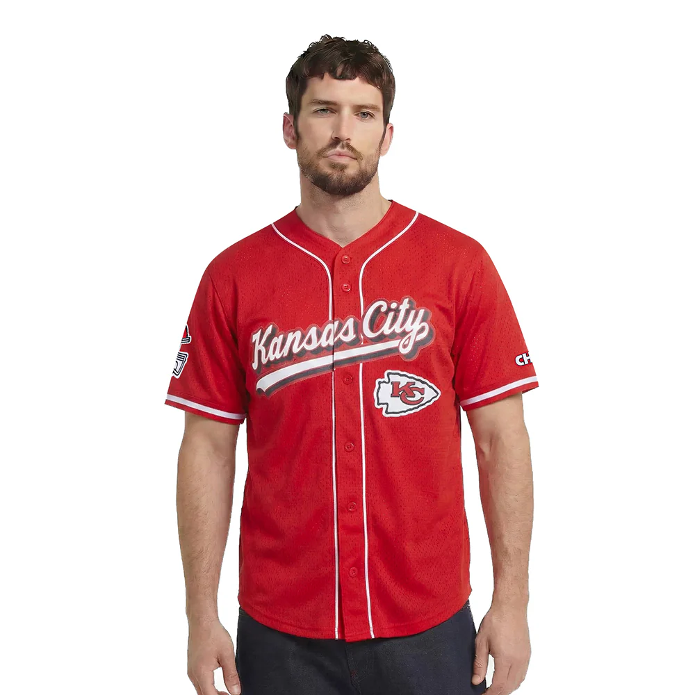 NFL KANSAS CITY CHIEFS SCRIPT TAIL MEN'S MESH BUTTON DOWN SHIRT (RED)