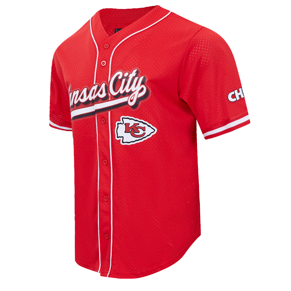 NFL KANSAS CITY CHIEFS SCRIPT TAIL MEN'S MESH BUTTON DOWN SHIRT (RED) - Image 4