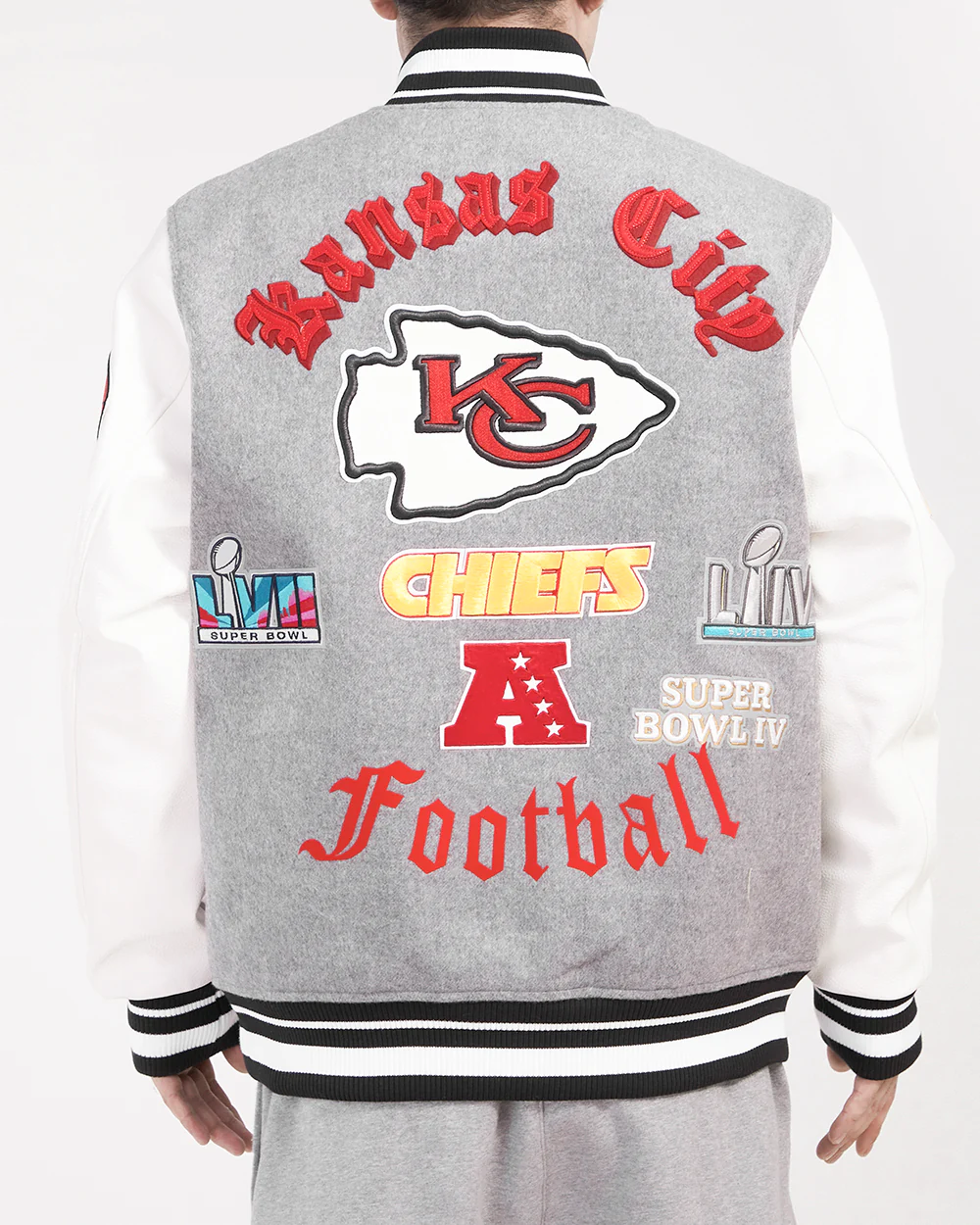 NFL KANSAS CITY CHIEFS OLD ENGLISH MEN'S RIB WOOL VARSITY JACKET (HEATHER GREY/WHITE/BLACK) - Image 4