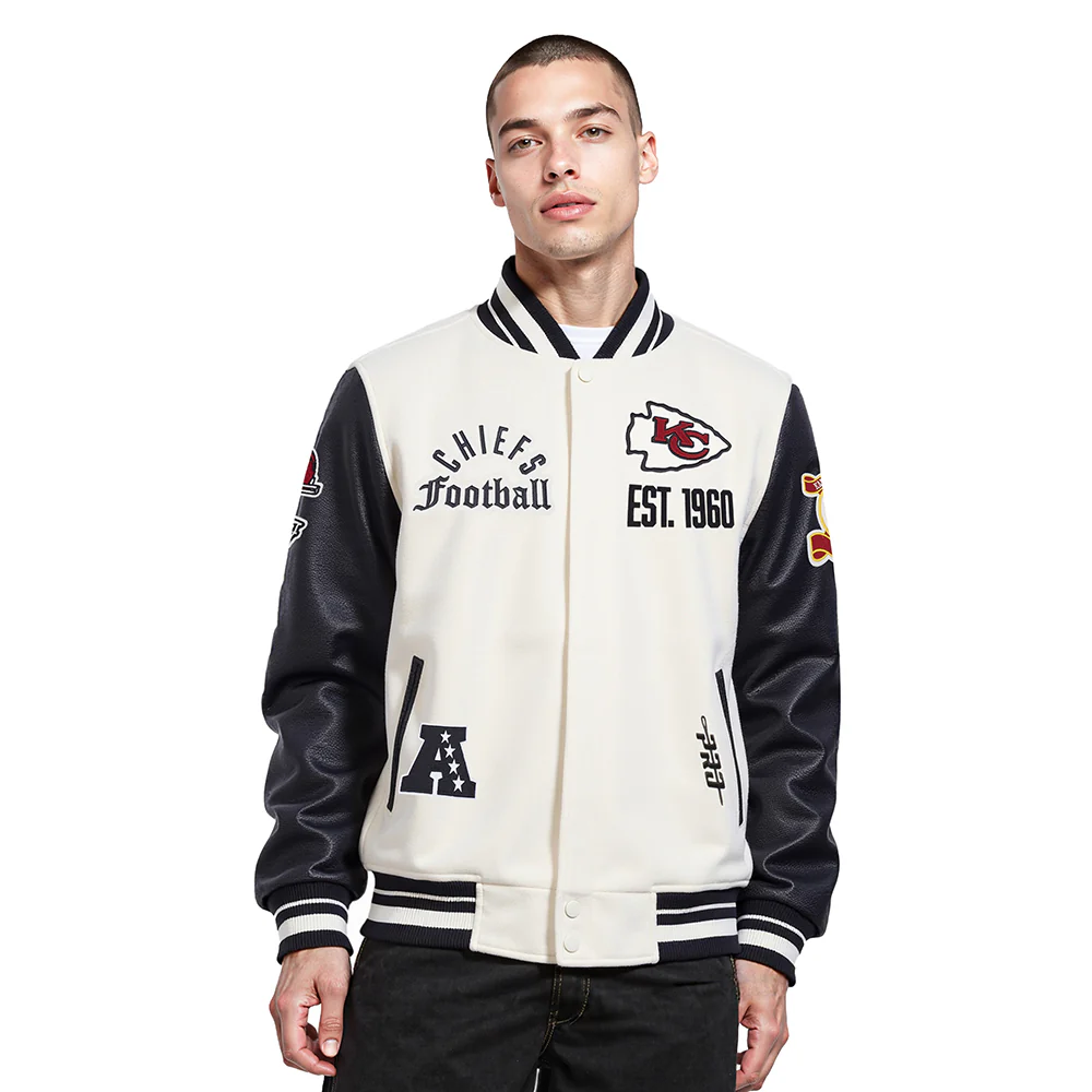 NFL KANSAS CITY CHIEFS MODERN ORIGINALS MEN'S RIB WOOL VARSITY JACKET (EGGSHELL/ BLACK)