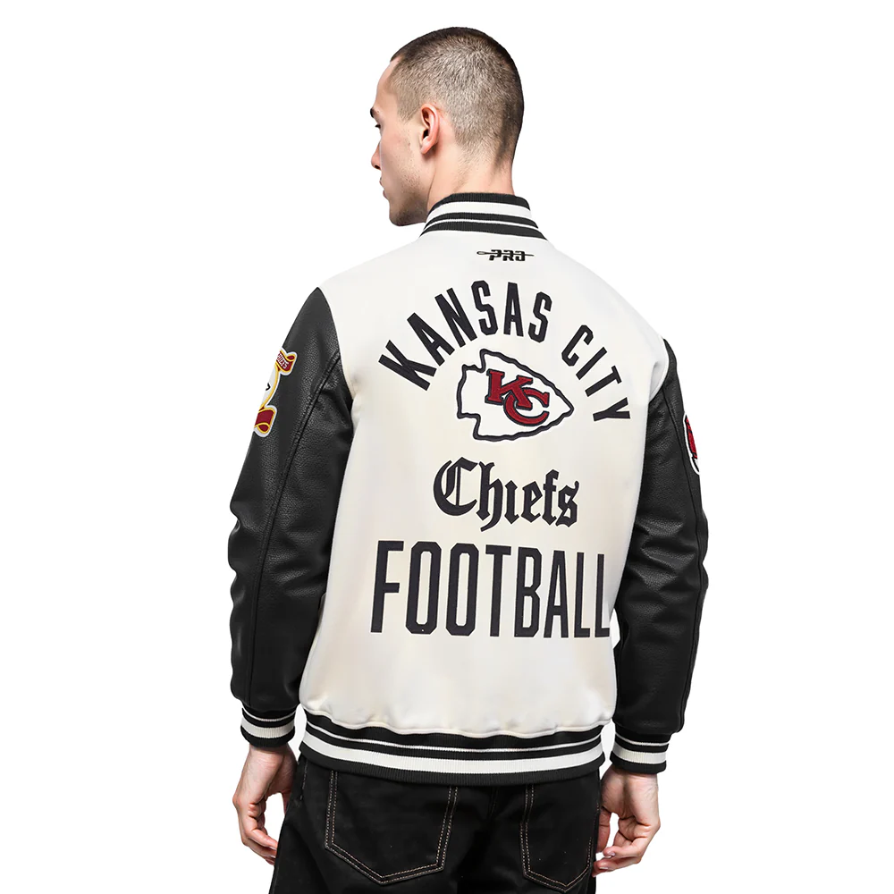 NFL KANSAS CITY CHIEFS MODERN ORIGINALS MEN'S RIB WOOL VARSITY JACKET (EGGSHELL/ BLACK) - Image 2