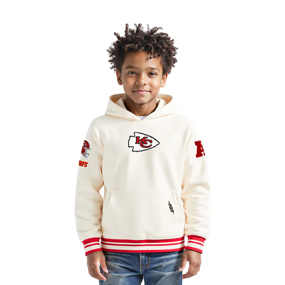 NFL KANSAS CITY CHIEFS RETRO CLASSIC LITTLE BOYS RIB FLEECE PULLOVER HOODIE (EGGSHELL/ RED) - Image 2