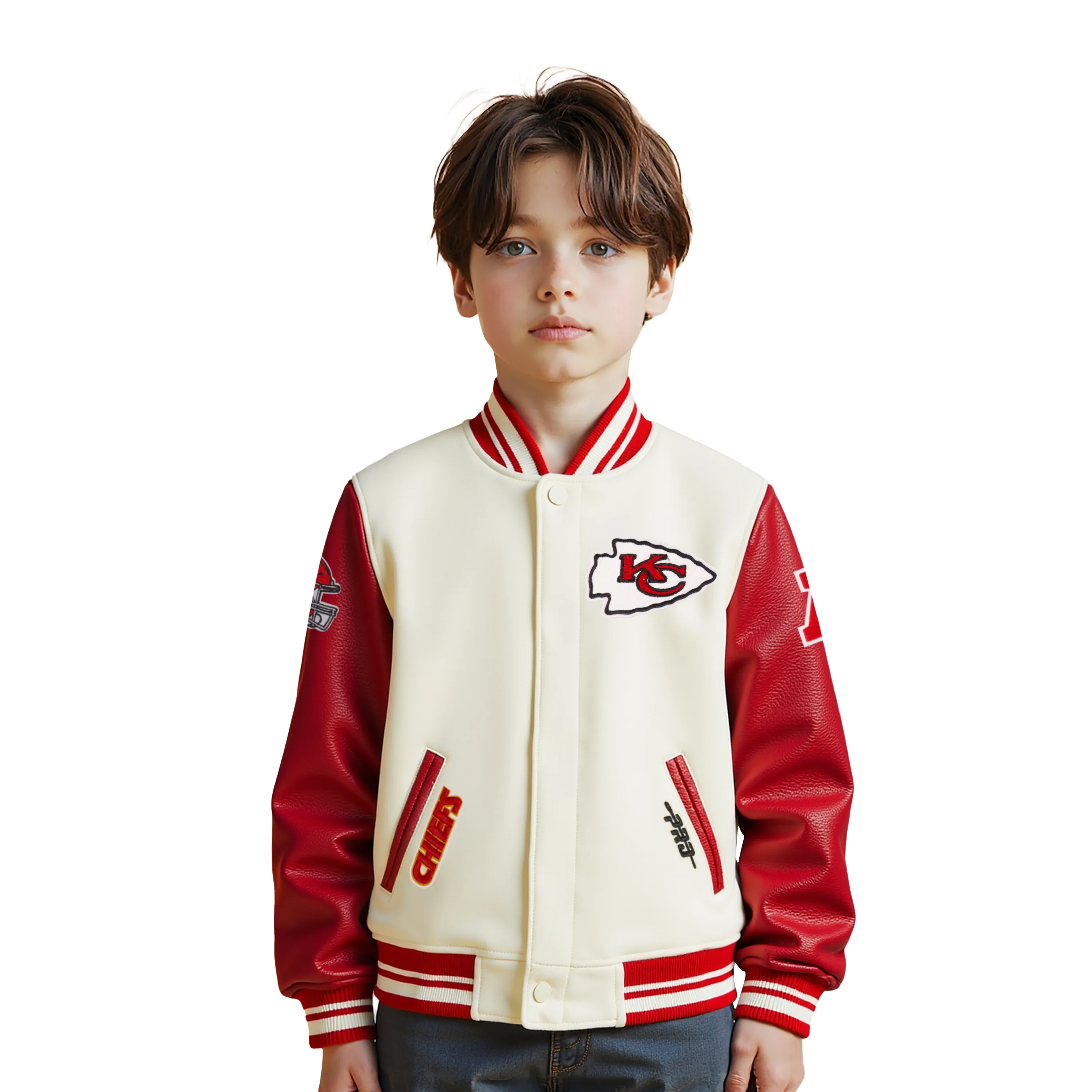 NFL KANSAS CITY CHIEFS RETRO CLASSIC TODDLER BOYS RIB WOOL VARSITY JACKET (EGGSHELL/ RED)