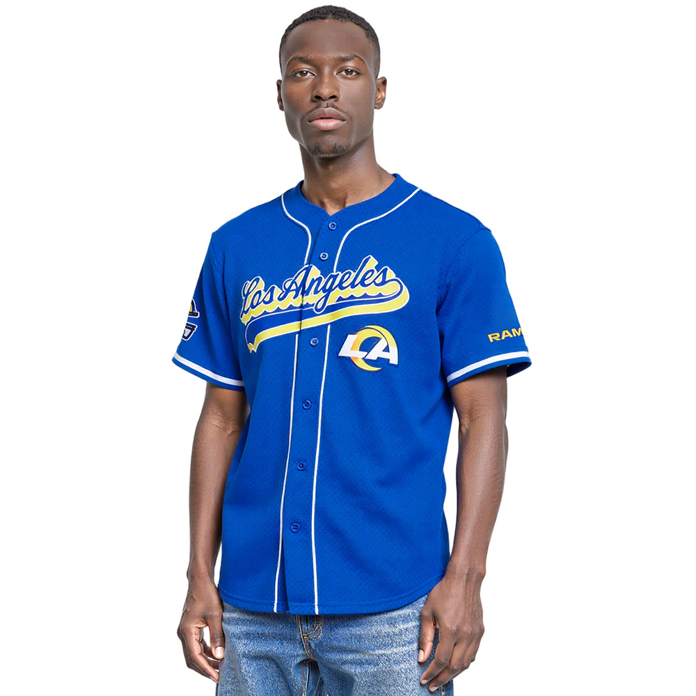 NFL LOS ANGELES RAMS SCRIPT TAIL MEN'S MESH BUTTON DOWN SHIRT (ROYAL BLUE) - Image 9