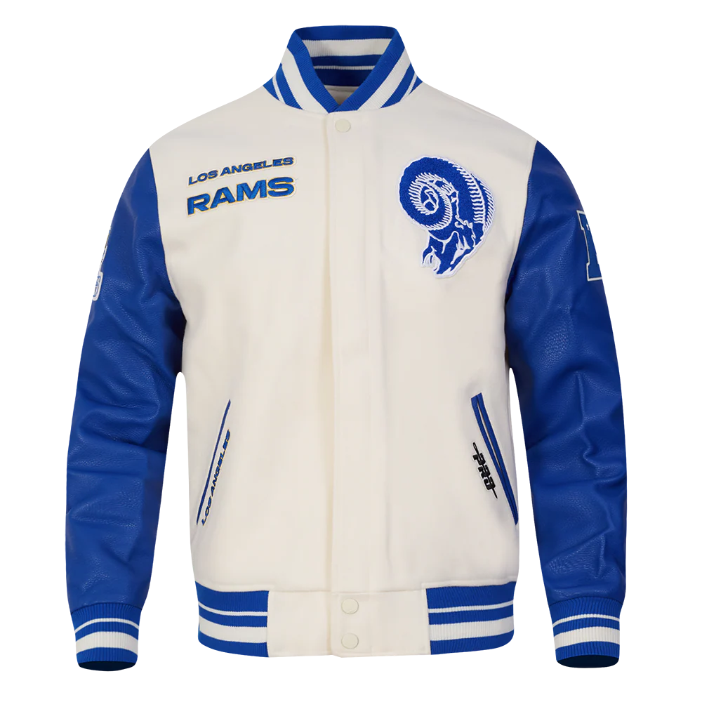 NFL LOS ANGELES RAMS RETRO CLASSIC MEN'S RIB WOOL VARSITY JACKET (EGGSHELL/ROYAL BLUE)