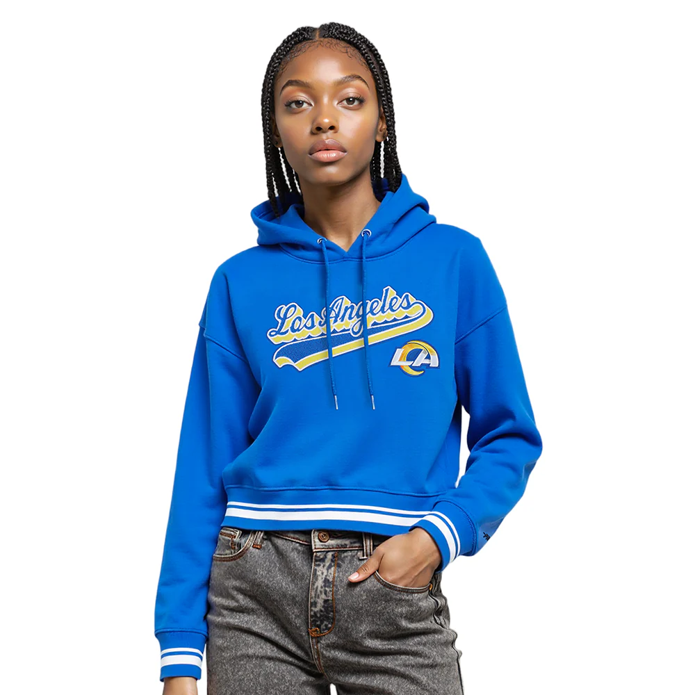 NFL LOS ANGELES RAMS SCRIPT TAIL WOMEN'S RIB FLC CROPPED PO HOODIE (ROYAL BLUE) - Image 7