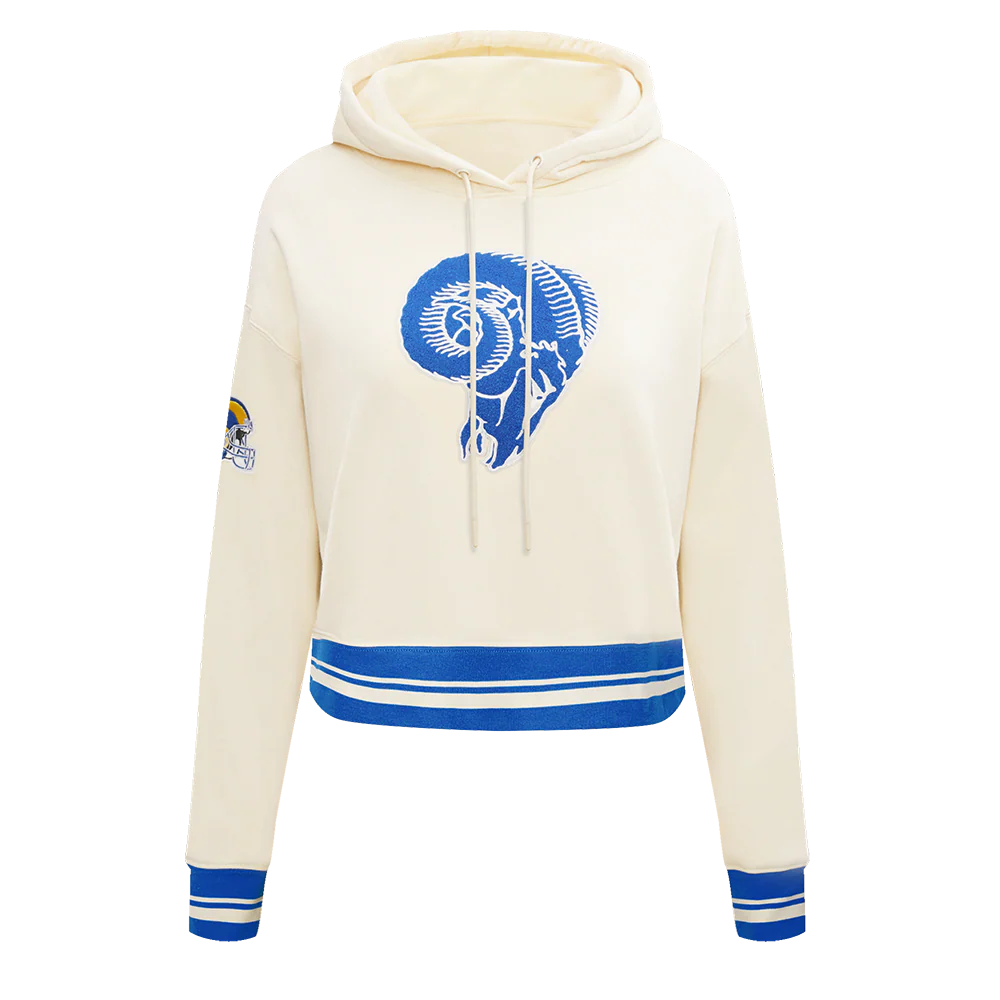 NFL LOS ANGELES RAMS RETRO CLASSIC WOMEN'S CROPPED PO HOODIE (EGGSHELL/ROYAL BLUE)