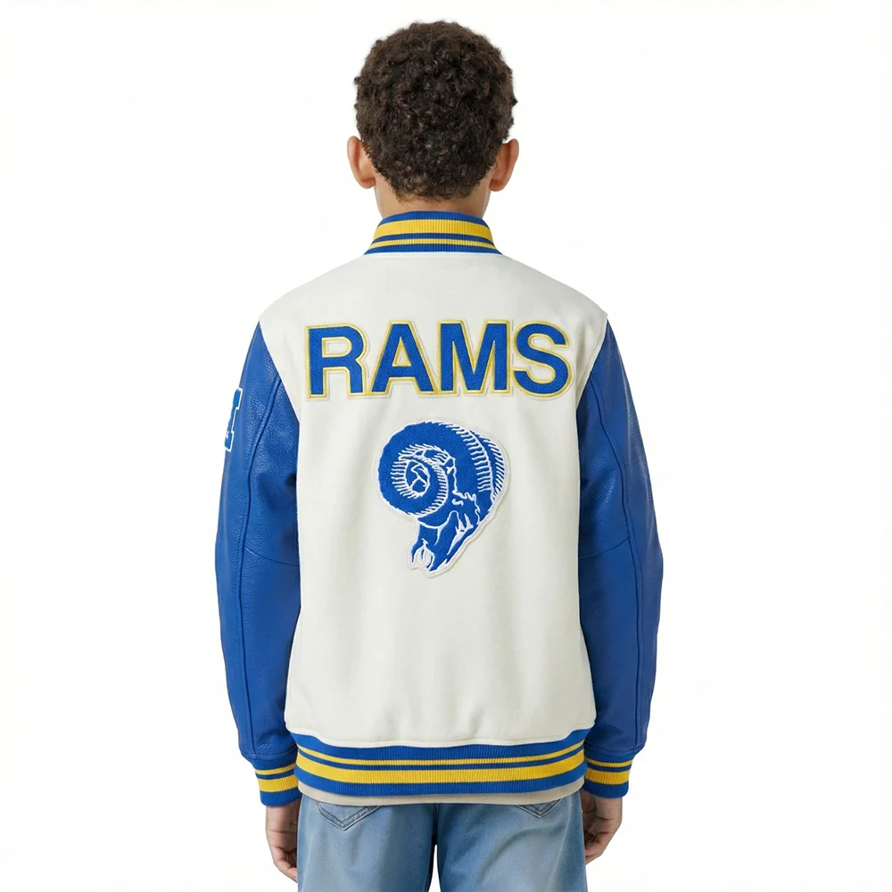 NFL LOS ANGELES RAMS RETRO CLASSICS LITTLE BOY'S RIB WOOL VARSITY JACKET (EGGSHELL/ROYAL BLUE) - Image 2