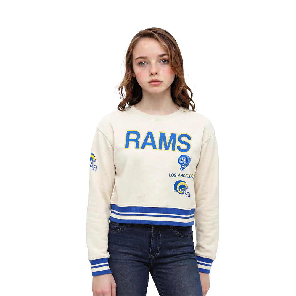 NFL LOS ANGELES RAMS RETRO CLASSICS LITTLE GIRL'S RIB FLEECE CREWNECK (EGGSHELL/ROYAL BLUE)
