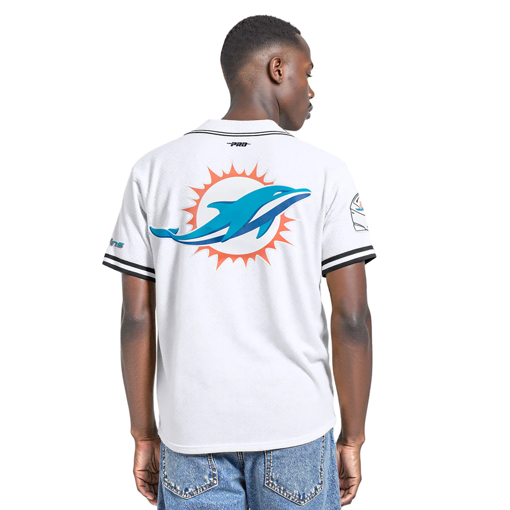 NFL MIAMI DOLPHINS SCRIPT TAIL MEN'S MESH BUTTON DOWN SHIRT (WHITE / BLACK / WHTE) - Image 2
