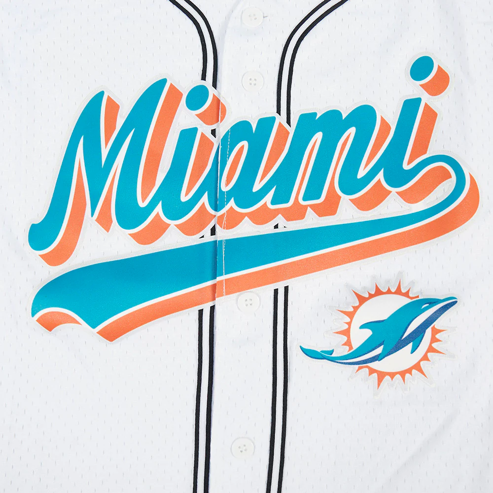NFL MIAMI DOLPHINS SCRIPT TAIL MEN'S MESH BUTTON DOWN SHIRT (WHITE / BLACK / WHTE) - Image 6