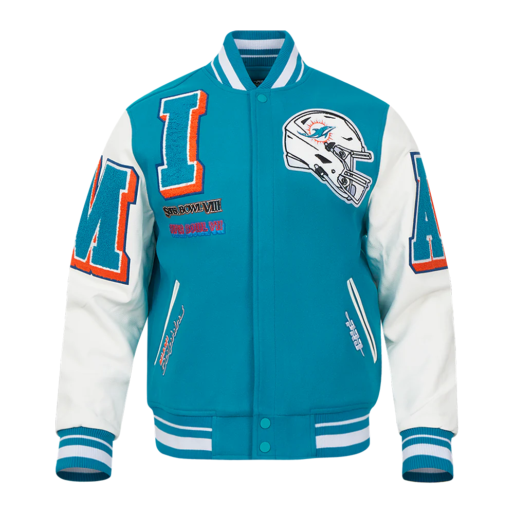 NFL MIAMI DOLPHINS MASHUP MEN'S RIB WOOL VARSITY JACKET (TEAL/WHITE)