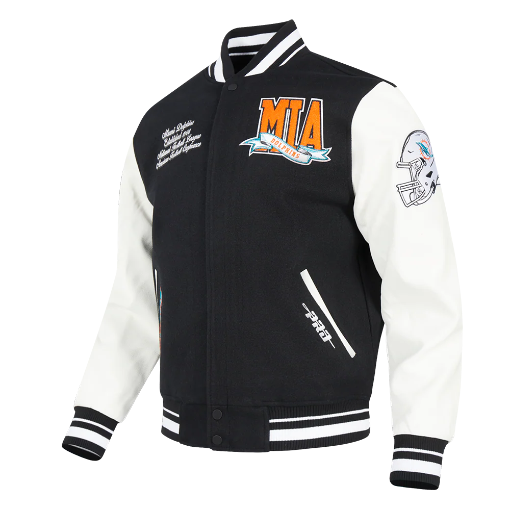 NFL MIAMI DOLPHINS TEAM PENNANTS MEN'S RIB WOOL VARSITY JACKET (BLACK/WHITE) - Image 2