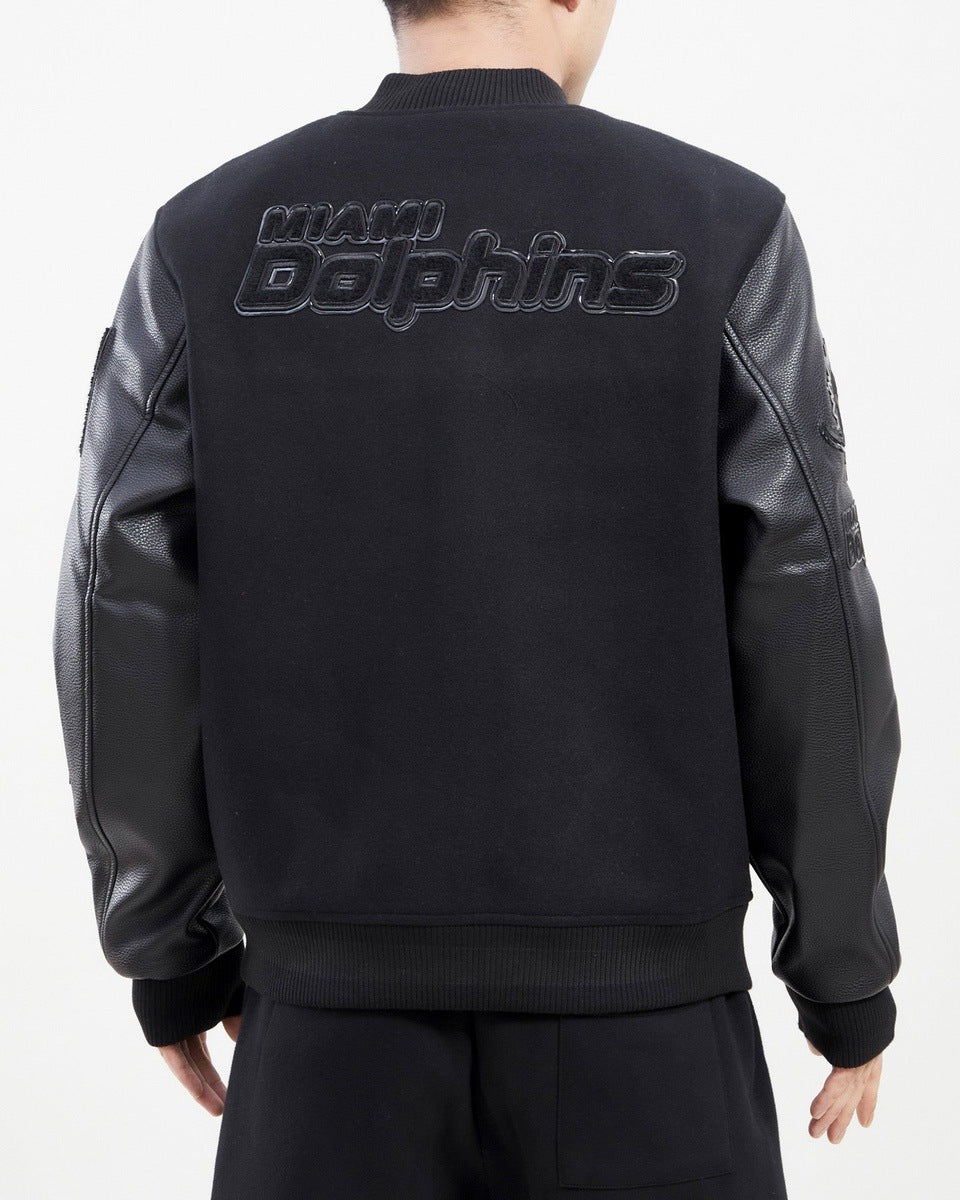 NFL MIAMI DOLPHINS TRIPLE BLACK WOOL MEN'S VARSITY JACKET (TRIPLE BLACK) - Image 11