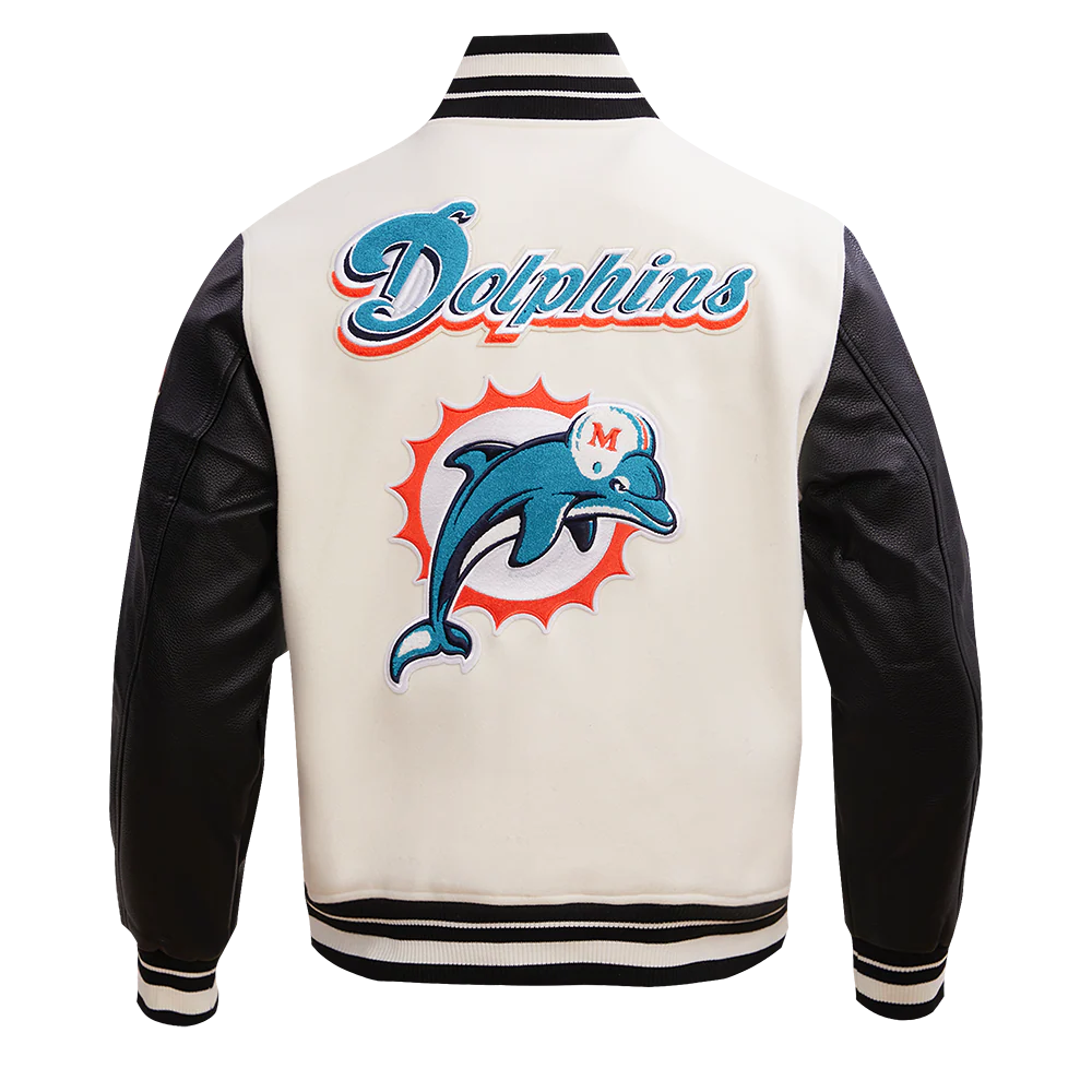 NFL MIAMI DOLPHINS RETRO CLASSIC MEN'S RIB WOOL VARSITY JACKET (EGGSHELL/ BLACK) - Image 3