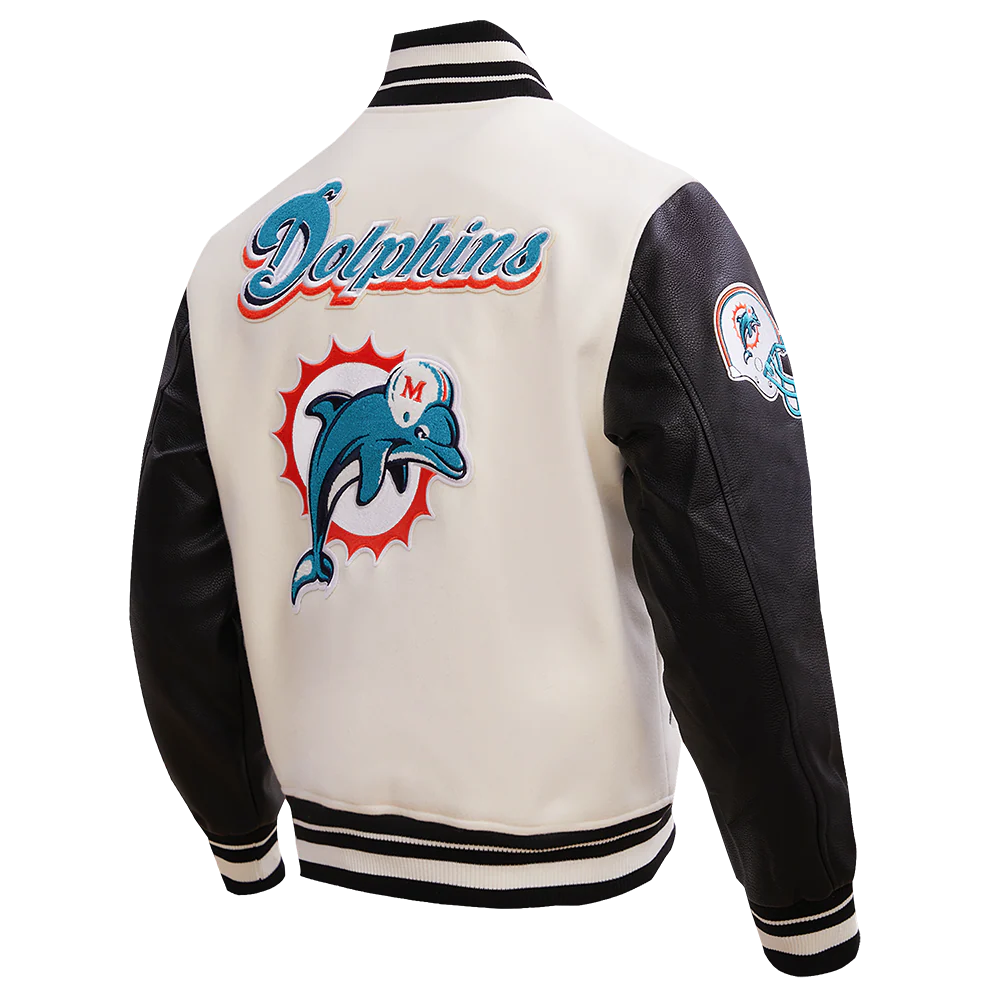 NFL MIAMI DOLPHINS RETRO CLASSIC MEN'S RIB WOOL VARSITY JACKET (EGGSHELL/ BLACK) - Image 4