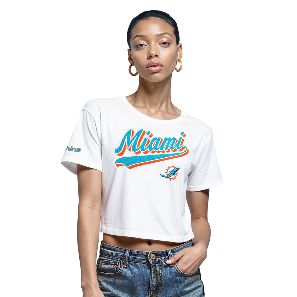 NFL MIAMI DOLPHINS SCRIPT TAIL WOMEN'S SJ BOXY TEE (WHITE)