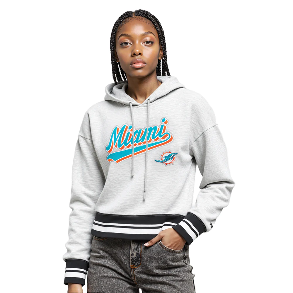 NFL MIAMI DOLPHINS SCRIPT TAIL WOMEN'S RIB FLC CROPPED PO HOODIE (HEATHER GRAY/BLACK) - Image 9