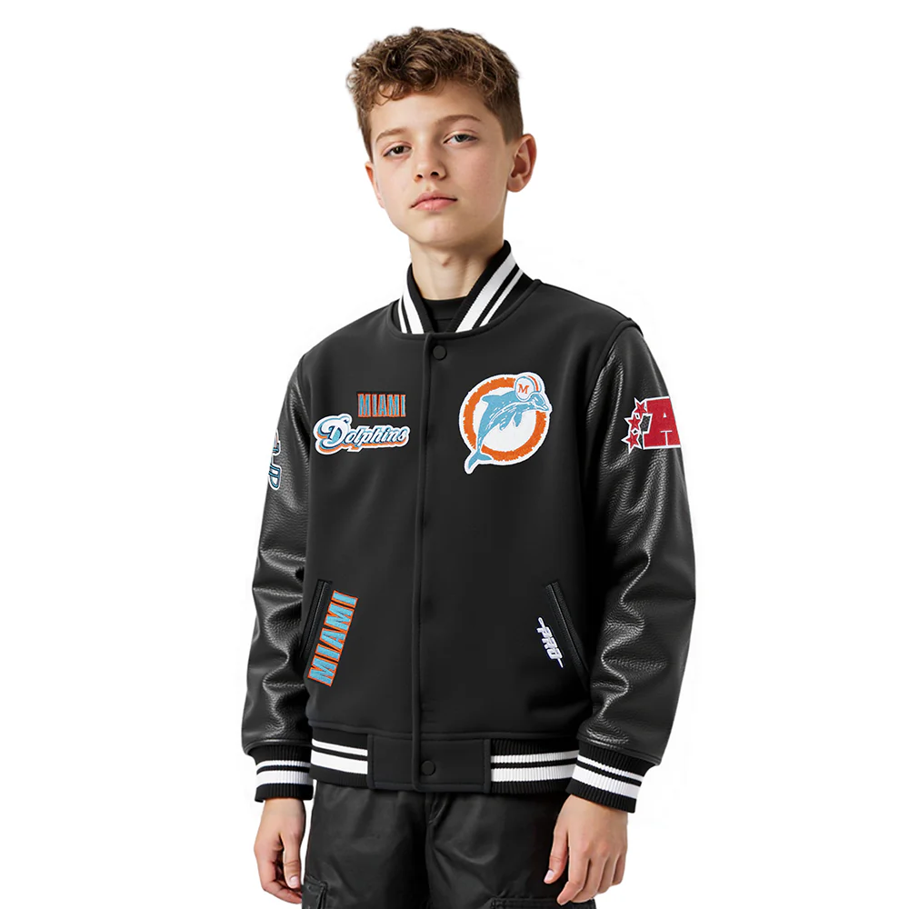 NFL MIAMI DOLPHINS RETRO CLASSIC LITTLE BOYS RIB WOOL VARSITY JACKET (BLACK)