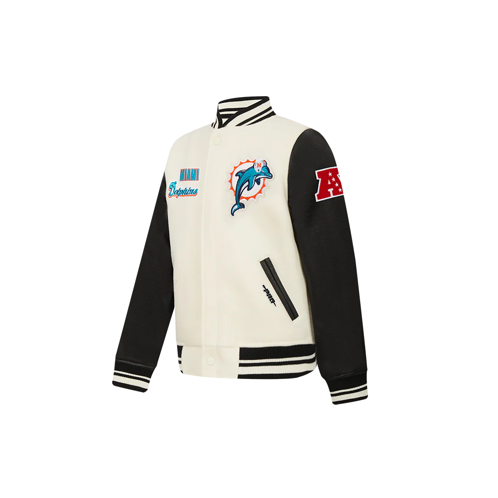 NFL MIAMI DOLPHINS RETRO CLASSIC LITTLE BOY'S RIB WOOL VARSITY JACKET (EGGSHELL/ BLACK) - Image 4