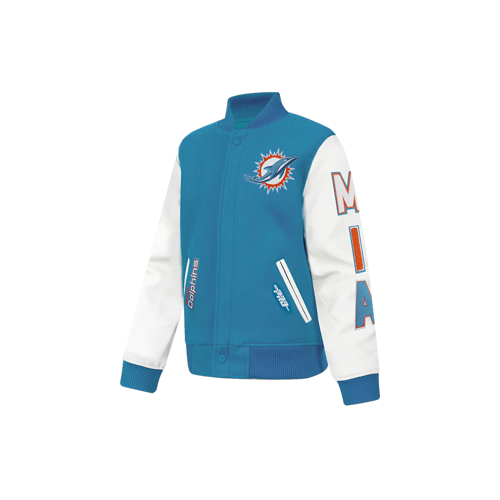 NFL MIAMI DOLPHINS CLASSIC CHENILLE LITTLE BOY'S WOOL VARSITY JACKET (TEAL/WHITE) - Image 3