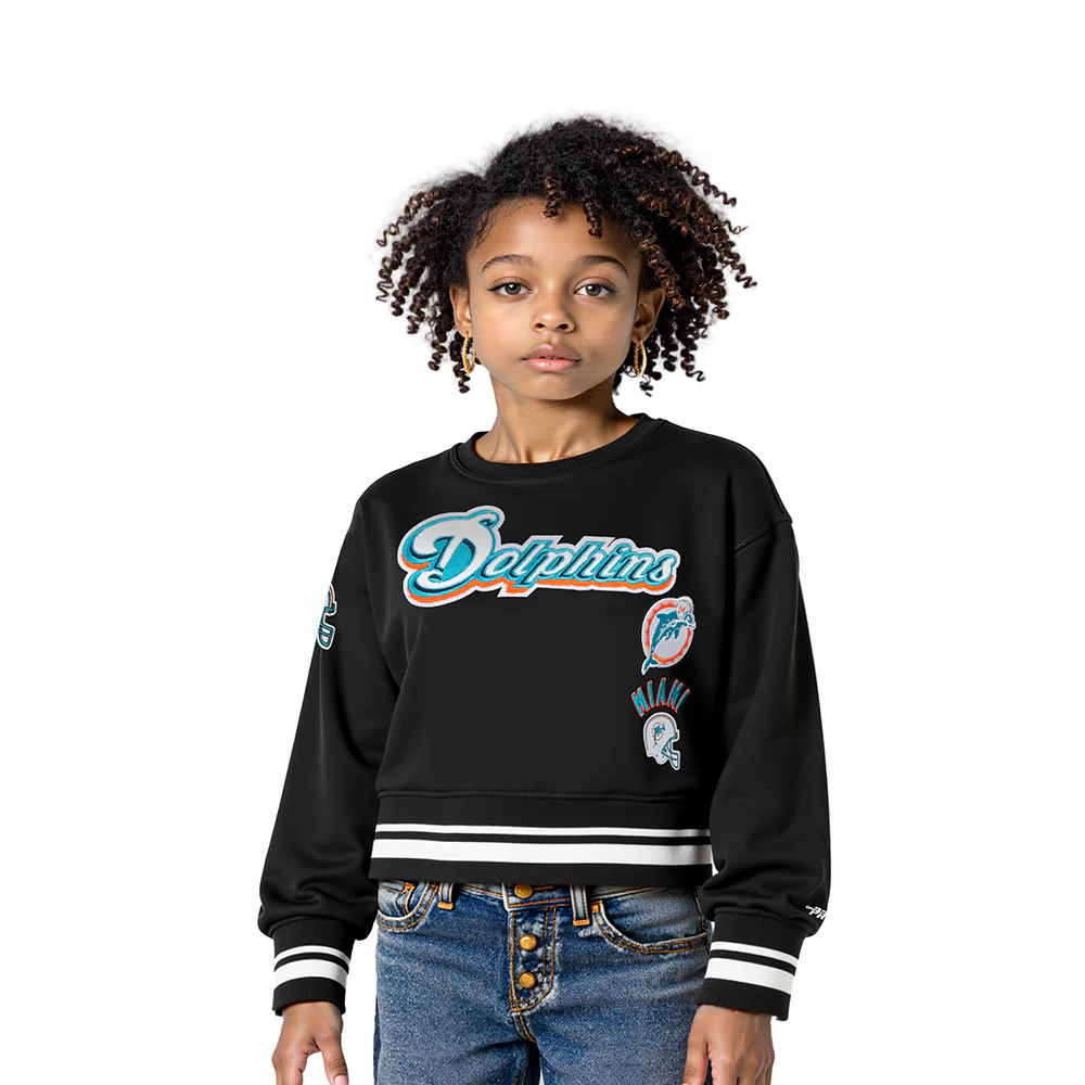 NFL MIAMI DOLPHINS RETRO CLASSIC TODDLER GIRLS RIB FLEECE CREWNECK (BLACK)