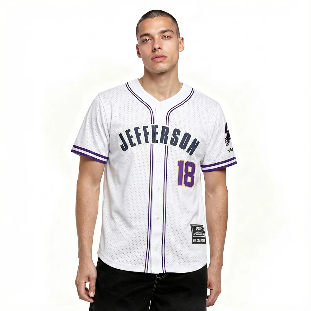 NFL MINNESOTA VIKINGS JUSTIN JEFFERSON #18 CLASSIC MESH PNN MEN'S MESH BUTTON DOWN SHIRT (WHITE/PURPLE)