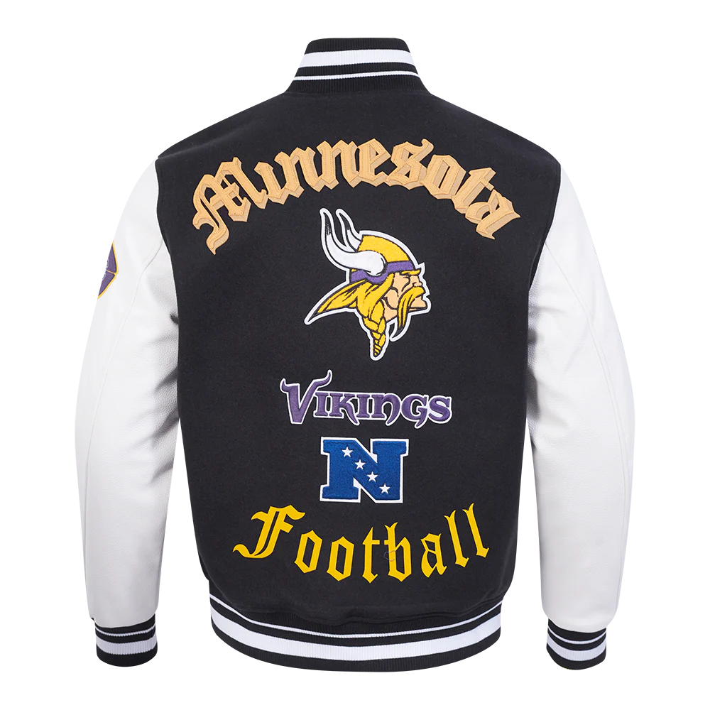 NFL MINNESOTA VIKINGS OLD ENGLISH MEN'S RIB WOOL VARSITY JACKET (BLACK/WHITE) - Image 3