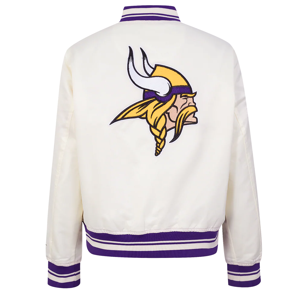 NFL MINNESOTA VIKINGS RETRO CLASSIC WOMEN'S RIB SATIN JACKET (EGGSHELL/ PURPLE) - Image 3