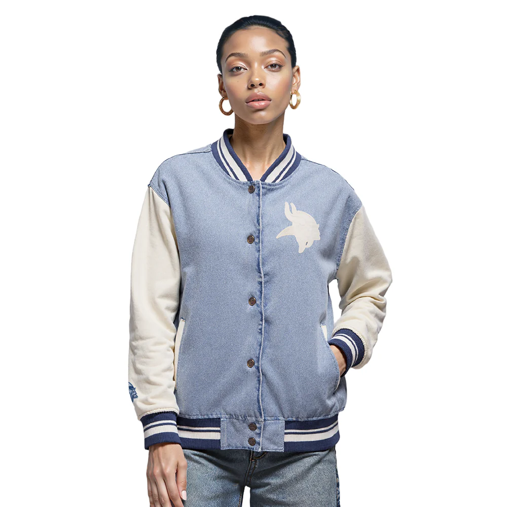 NFL MINNESOTA VIKINGS VARSITY BLUES WOMEN'S DENIM VARSITY JACKET (DENIM/LINEN) - Image 2