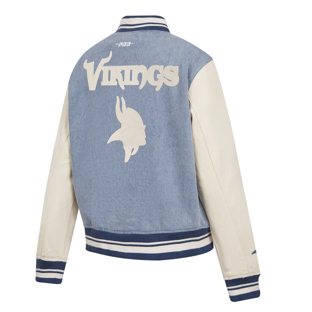 NFL MINNESOTA VIKINGS VARSITY BLUES WOMEN'S DENIM VARSITY JACKET (DENIM/LINEN) - Image 6