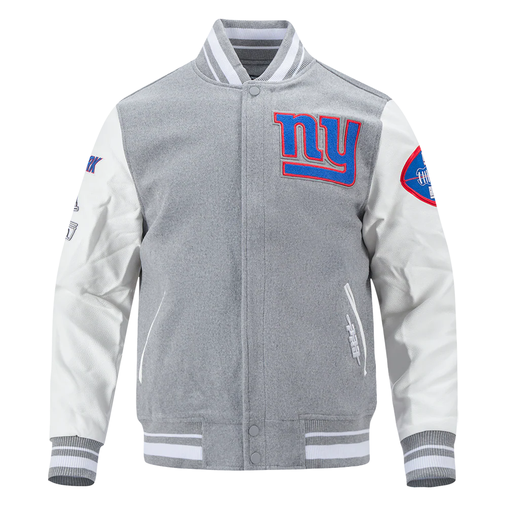 NFL NEW YORK GIANTS OLD ENGLISH MEN'S RIB WOOL VARSITY JACKET (HEATHER GREY/WHITE)