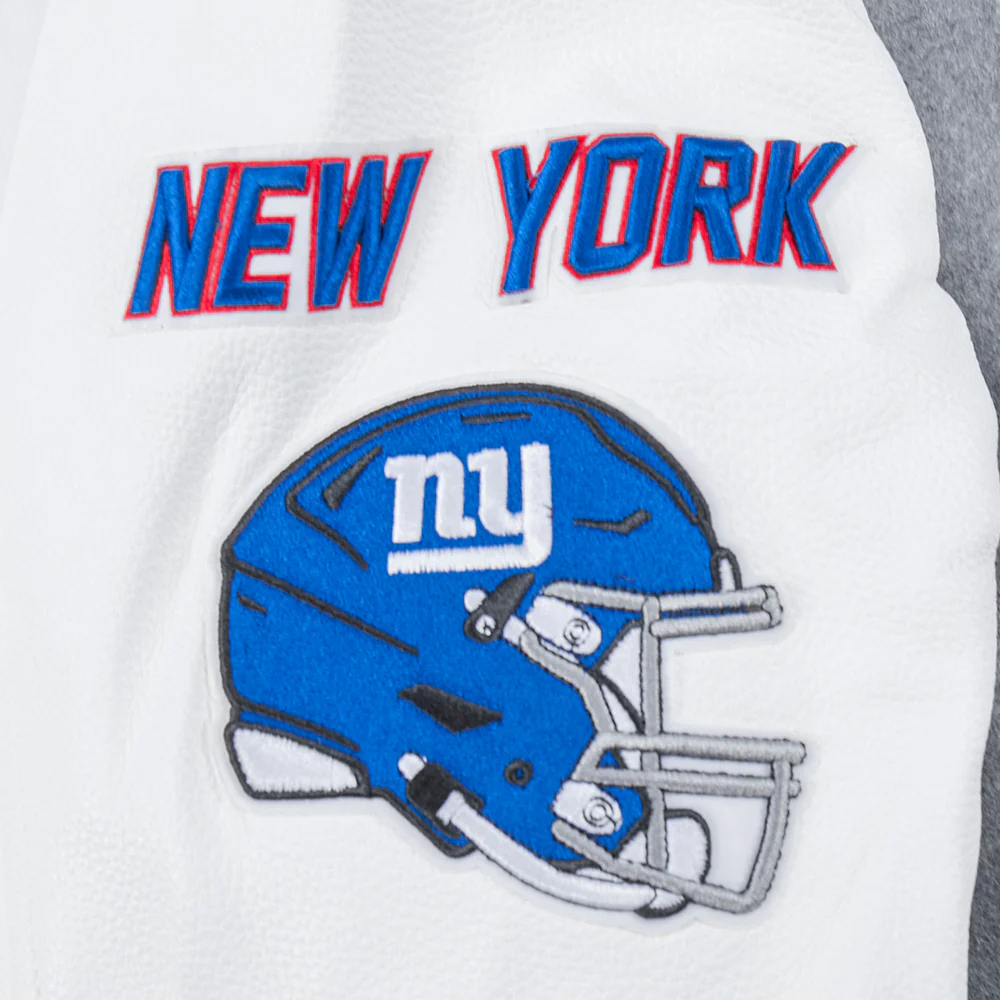 NFL NEW YORK GIANTS OLD ENGLISH MEN'S RIB WOOL VARSITY JACKET (HEATHER GREY/WHITE) - Image 7