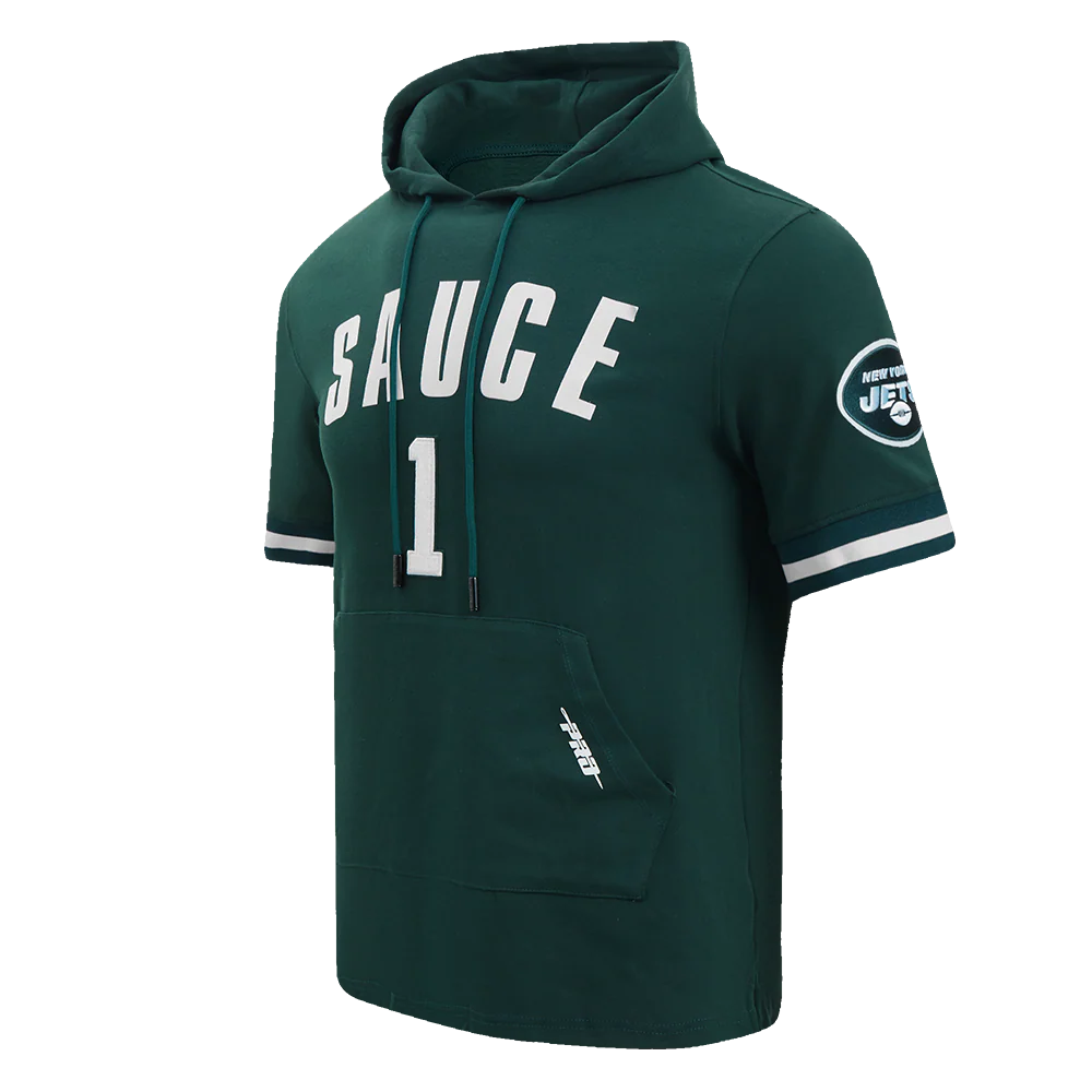 NFL NEW YORK JETS SAUCE GARDNER #1 CLASSIC MEN'S DOUBLE KNIT SHORT SLEEVE PULLOVER HOODIE (FOREST GREEN) - Image 2