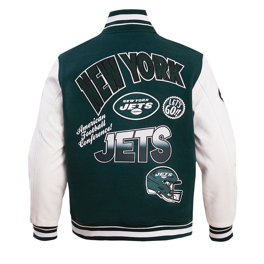 NFL NEW YORK JETS TURN IT UP MEN'S RIB WOOL VARSITY JACKET (FOREST GREEN/WHITE) - Image 4