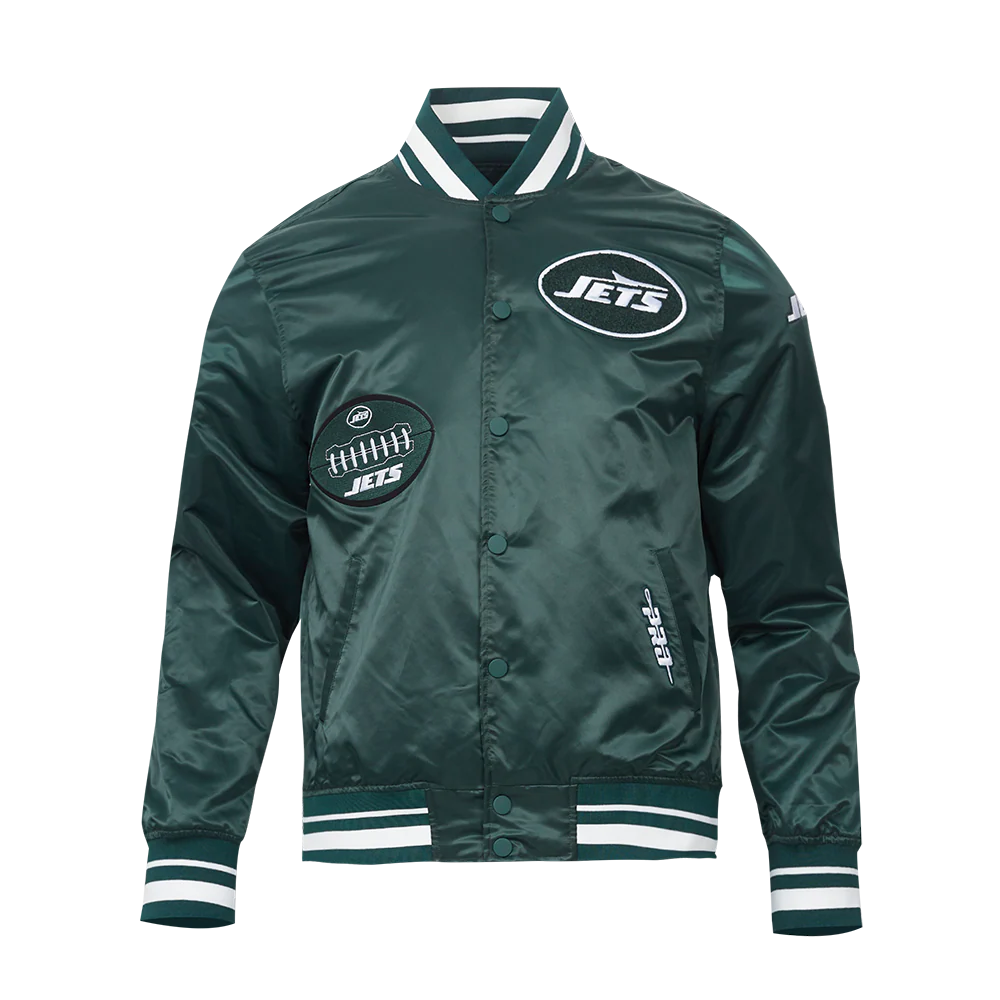NFL NEW YORK JETS OLD ENGLISH MEN'S RIB SATIN JACKET (FOREST GREEN)
