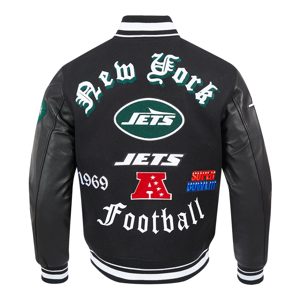 NFL NEW YORK JETS OLD ENGLISH MEN'S RIB WOOL VARSITY JACKET (BLACK) - Image 3