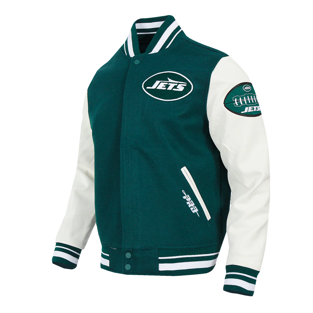 NFL NEW YORK JETS OLD ENGLISH MEN'S RIB WOOL VARSITY JACKET (FOREST GREEN/WHITE) - Image 5