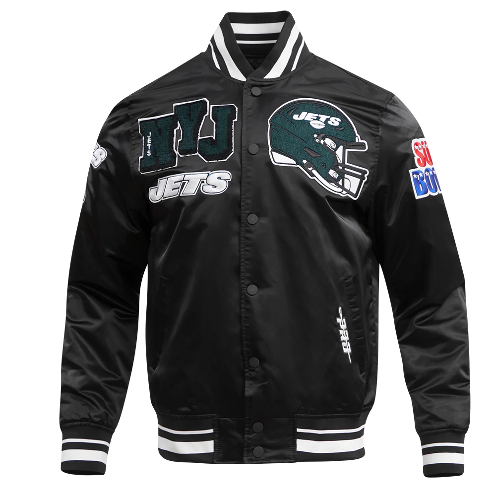 NFL NEW YORK JETS MASHUP MEN'S RIB SATIN JACKET (BLACK)