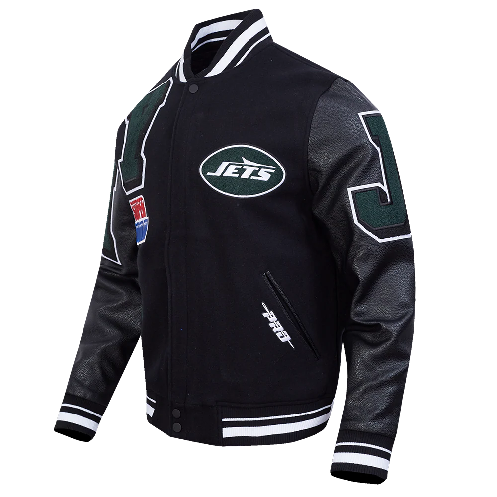 NFL NEW YORK JETS MASH UP MEN'S RIB WOOL VARSITY JACKET (BLACK) - Image 2