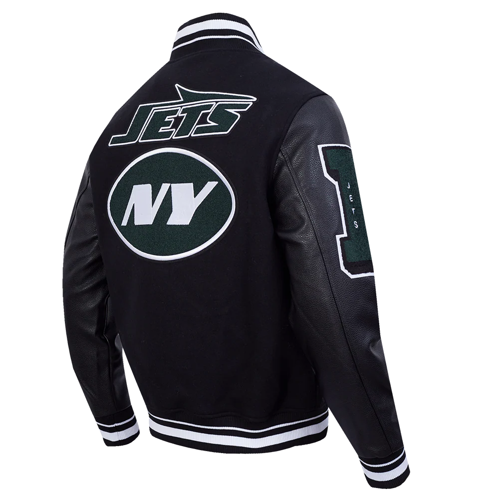 NFL NEW YORK JETS MASH UP MEN'S RIB WOOL VARSITY JACKET (BLACK) - Image 4