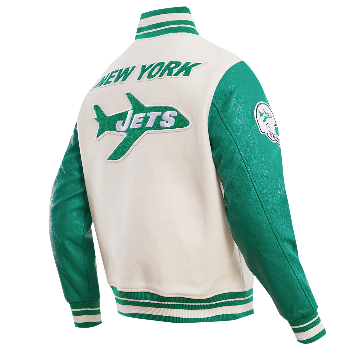 NFL NEW YORK JETS RETRO CLASSIC MEN'S RIB WOOL VARSITY JACKET (EGGSHELL/ KELLY GREEN) - Image 4
