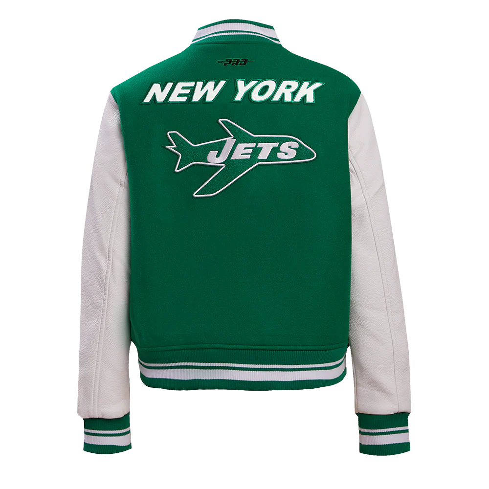 NFL NEW YORK JETS RETRO CLASSIC WOMEN'S RIB WOOL VARSITY JACKET (KELLY GREEN/ WHITE) - Image 3