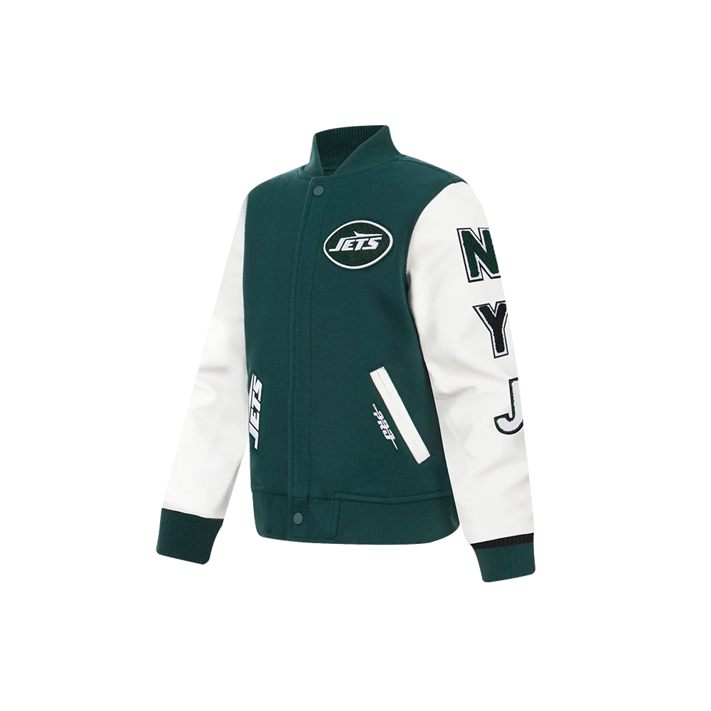 NFL NEW YORK JETS CLASSIC LITTLE BOYS WOOL VARSITY JACKET (FOREST GREEN/WHITE) - Image 2
