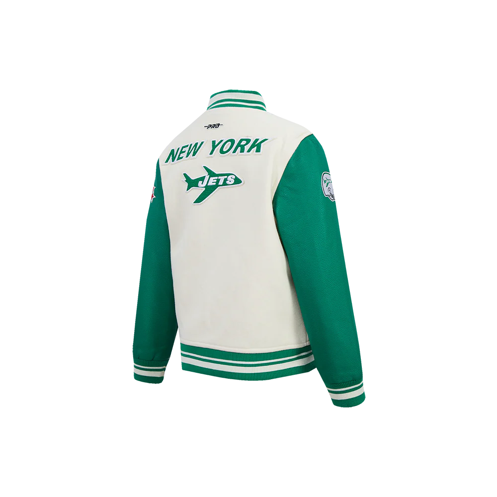 NFL NEW YORK JETS RETRO CLASSIC LITTLE BOY'S RIB WOOL VARSITY JACKET (EGGSHELL/ KELLY GREEN) - Image 4