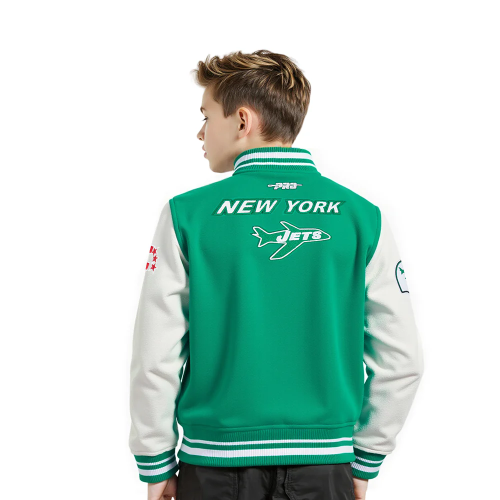NFL NEW YORK JETS RETRO CLASSIC LITTLE BOYS RIB WOOL VARSITY JACKET (KELLY GREEN/ WHITE) - Image 2