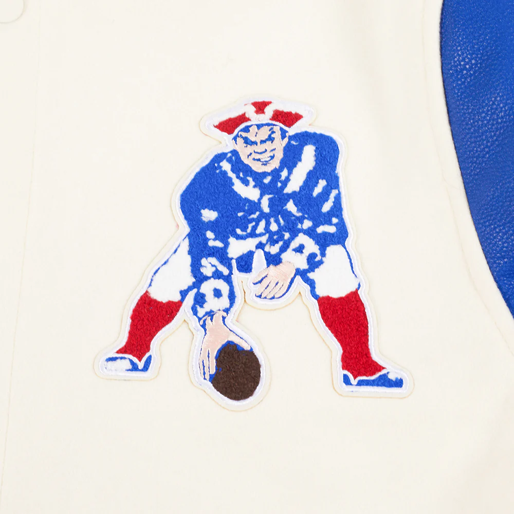 NFL NEW ENGLAND PATRIOTS RETRO CLASSIC MEN'S RIB WOOL VARSITY JACKET (EGGSHELL/ ROYAL BLUE) - Image 6