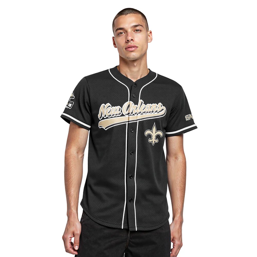 NFL NEW ORLEANS SAINTS SCRIPT TAIL MEN'S MESH BUTTON DOWN SHIRT (BLACK) - Image 9