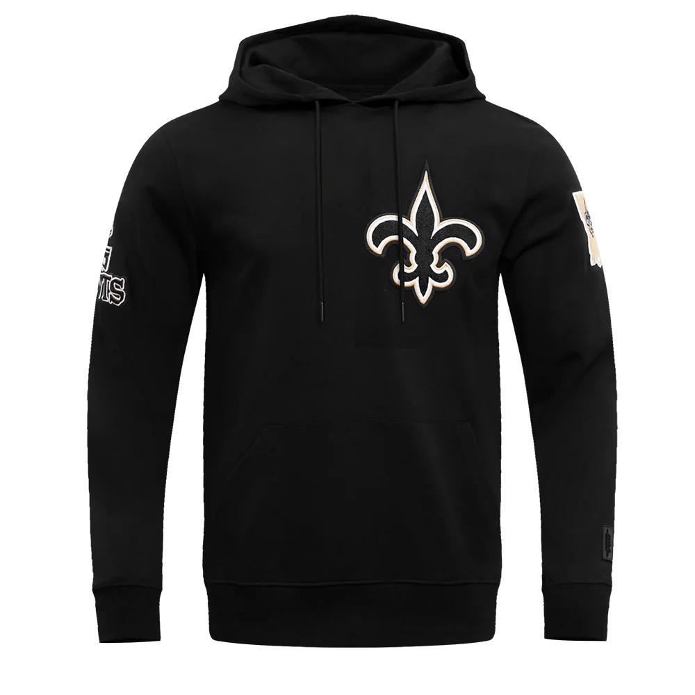 NFL NEW ORLEANS SAINTS CLASSIC CHENILLE MEN'S DOUBLE KNIT PULLOVER HOODIE (BLACK)